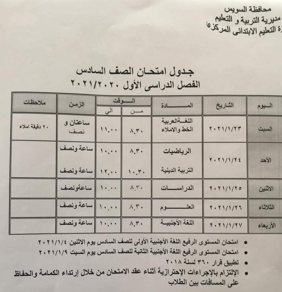 جدول امتحانات الصف السادس الابتدائي نصف العام محافظة السويس 2021