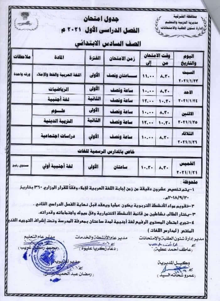 جدول امتحانات الصف السادس الابتدائي نصف العام محافظة الشرقية 2021