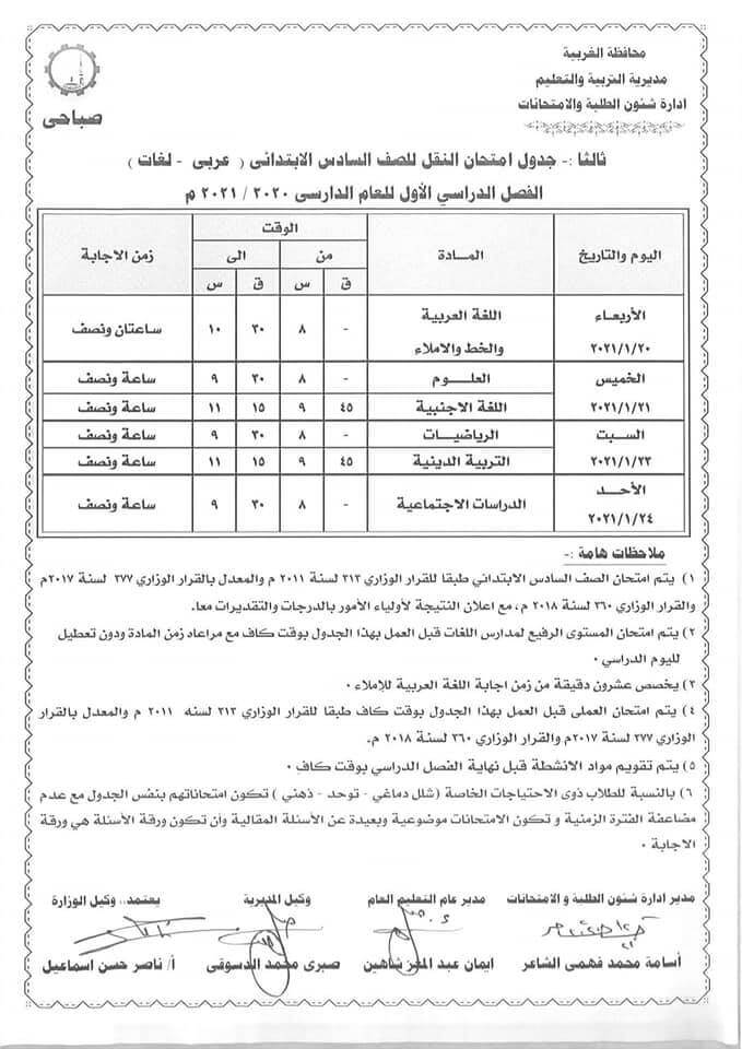 جدول امتحانات الصف السادس الابتدائي نصف العام محافظة الغربية 2021 1