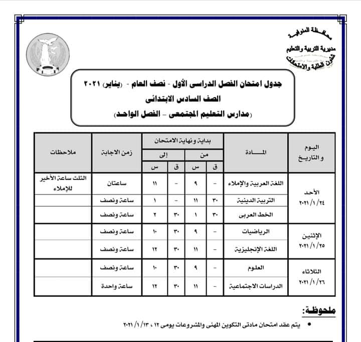 جدول امتحانات الصف السادس الابتدائي نصف العام محافظة المنوفية 2021