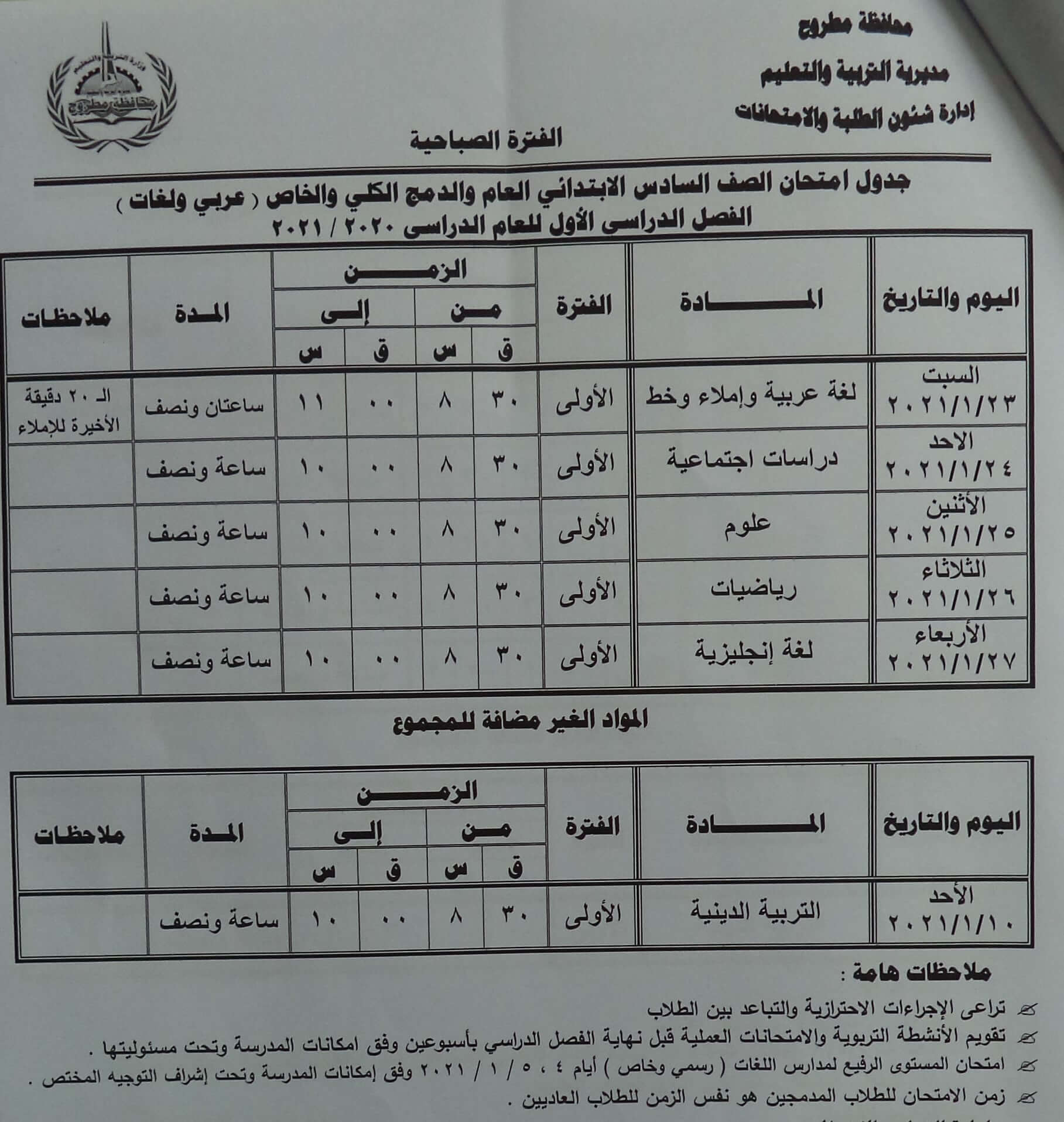 جدول امتحانات الصف السادس الابتدائي نصف العام محافظة مطروح 2021 1