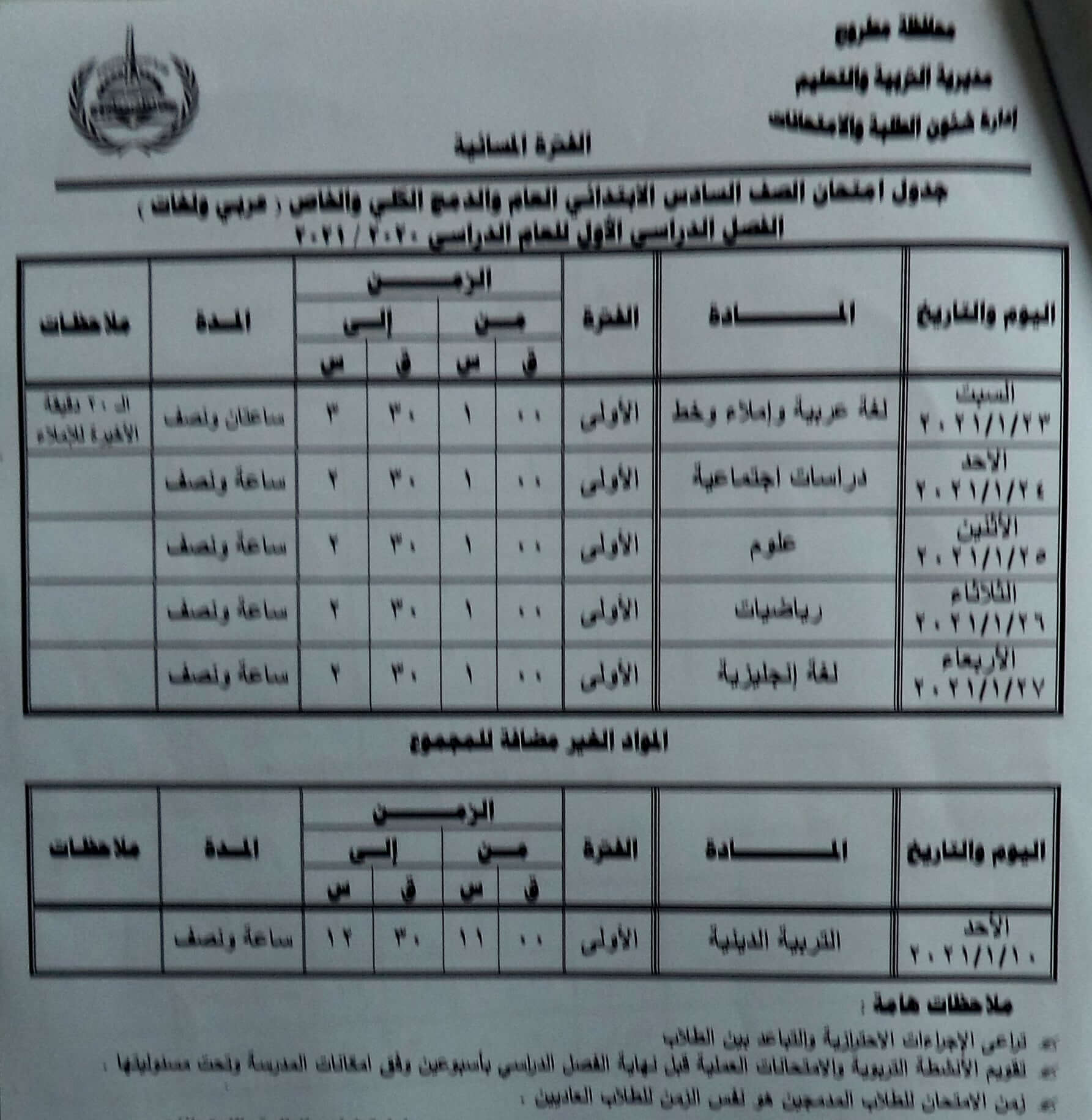 جدول امتحانات الصف السادس الابتدائي نصف العام محافظة مطروح 2021 2