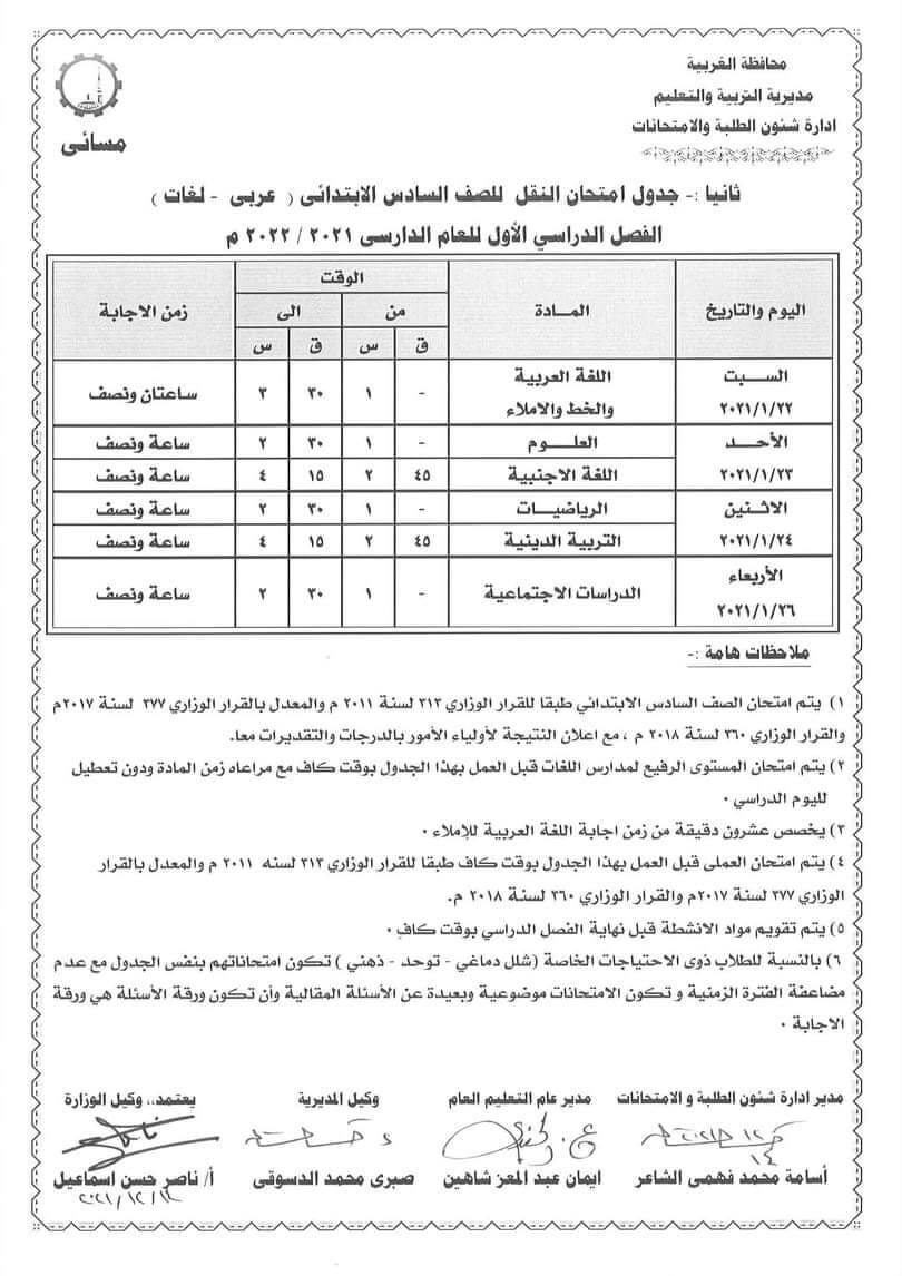 جدول امتحانات الصف السادس الابتدائي 2022 الترم الأول محافظة الغربية 2