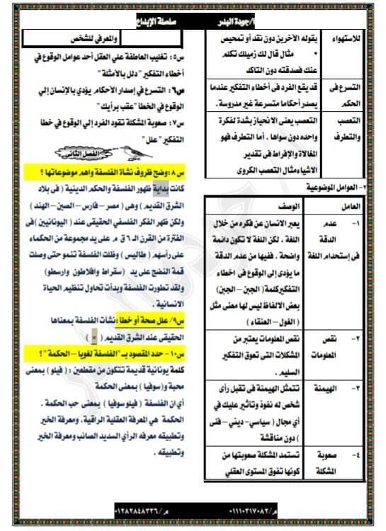 مراجعة الفلسفة والمنطق للصف الأول الثانوي ترم أول