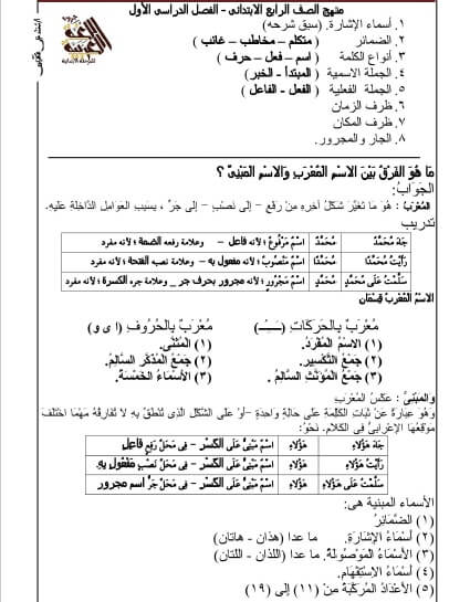 مذكرة نحو رابعة ابتدائي ترم أول 1