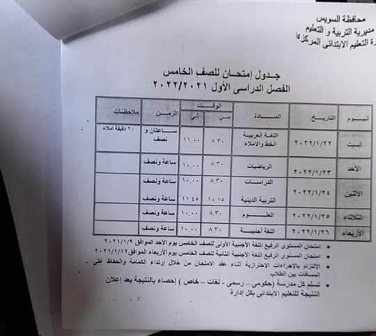 جدول امتحانات الصف الخامس الابتدائي الترم الأول 2022 محافظة السويس
