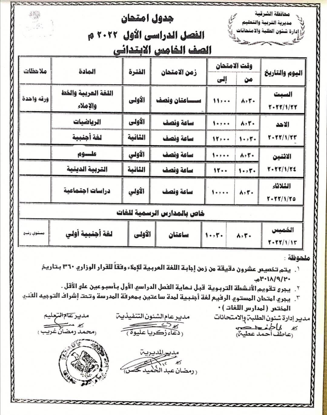 جدول امتحانات الصف الخامس الابتدائي نصف العام 2022 محافظة الشرقية