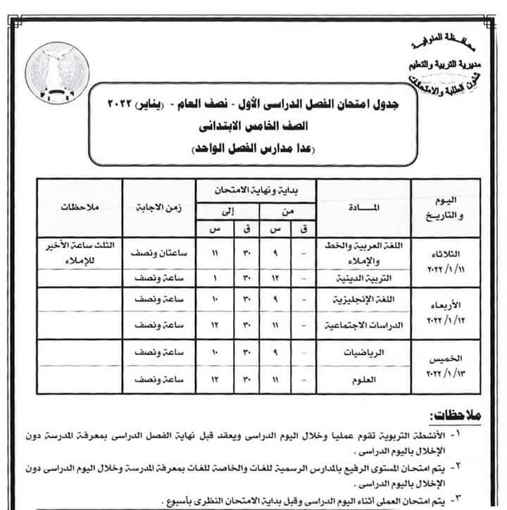 جدول امتحانات الصف الخامس الابتدائي 2022 الترم الأول محافظة المنوفية