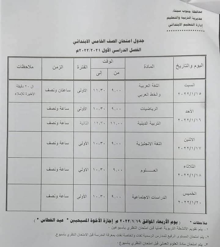 جدول امتحانات الصف الخامس الابتدائي 2022 الترم الأول محافظة جنوب سيناء