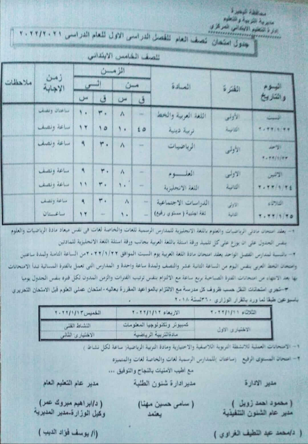 جدول امتحانات الصف الخامس الابتدائي 2022 نصف العام محافظة البحيرة