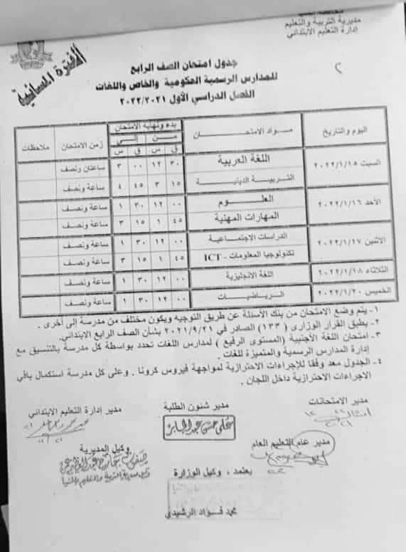 جدول امتحانات الصف الرابع الابتدائي الترم الأول 2022 محافظة المنيا 2