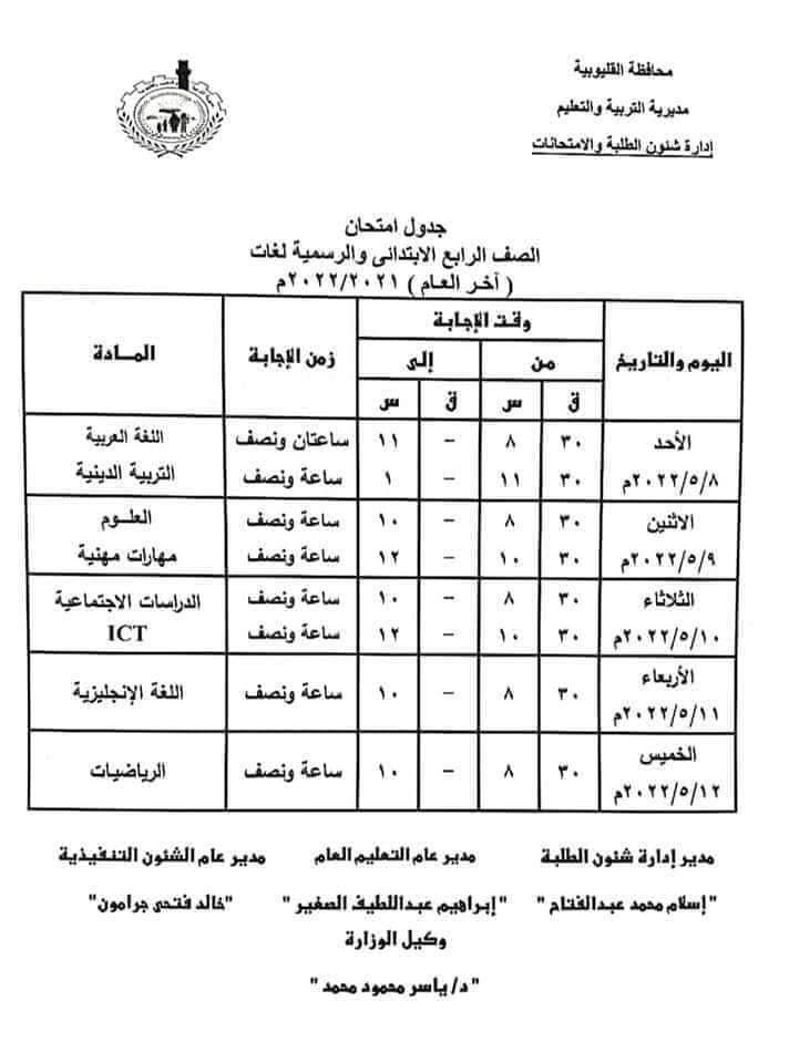 جدول امتحانات الصف الرابع الابتدائي 2022 اخر العام محافظة القليوبية