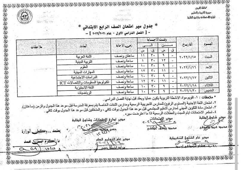 جدول امتحانات الصف الرابع الابتدائي 2022 الترم الأول محافظة الفيوم