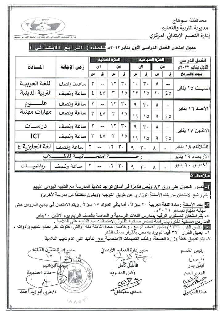 جدول امتحانات الصف الرابع الابتدائي 2022 الترم الأول محافظة سوهاج