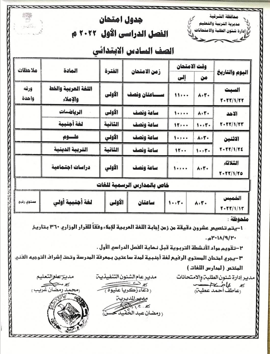 جدول امتحانات الصف السادس الابتدائي نصف العام 2022 محافظة الشرقية