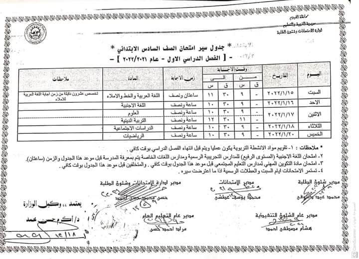 جدول امتحانات الصف السادس الابتدائي 2022 الترم الأول محافظة الفيوم