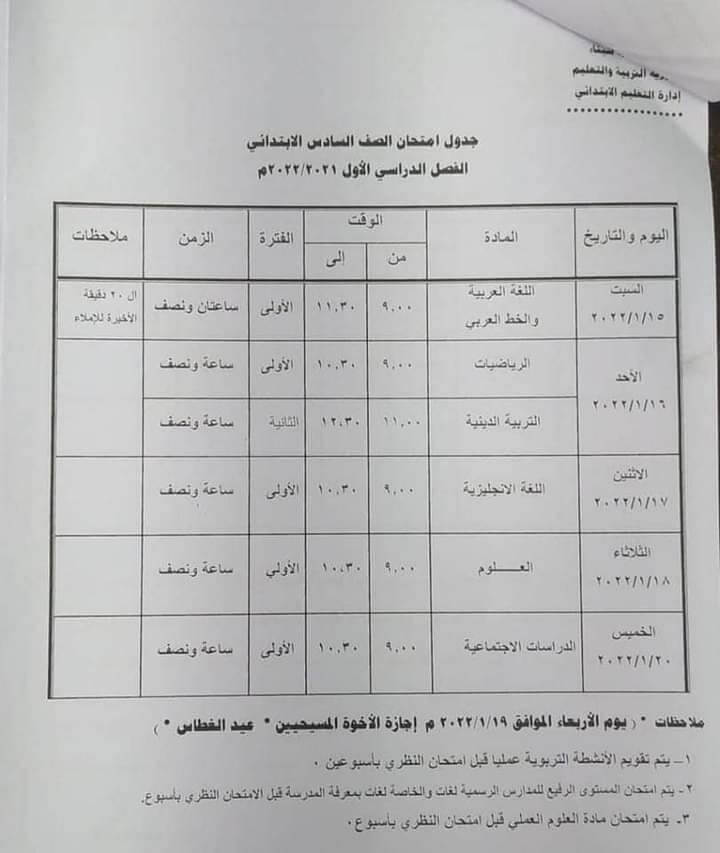 جدول امتحانات الصف السادس الابتدائي 2022 الترم الأول محافظة جنوب سيناء