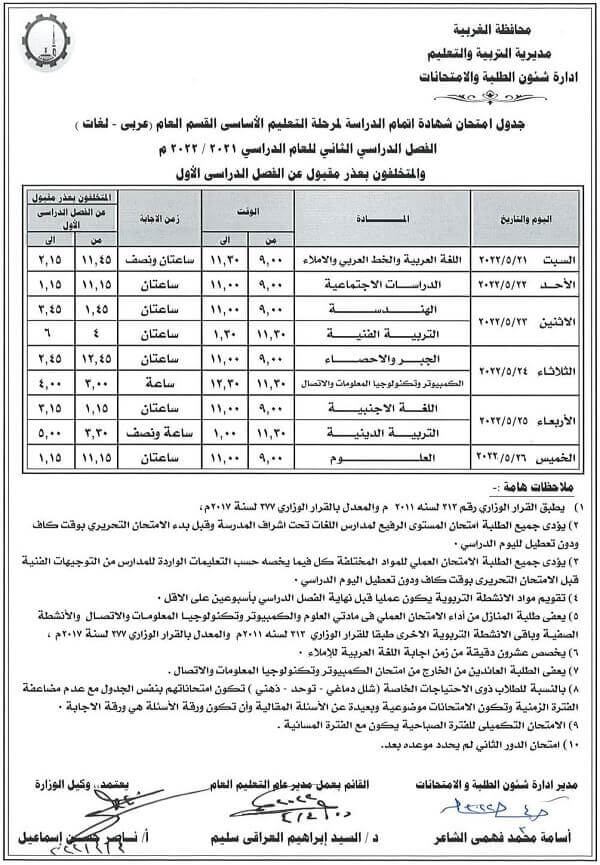 جدول امتحانات الصف الثالث الاعدادي الترم الثاني 2022 محافظة الغربية