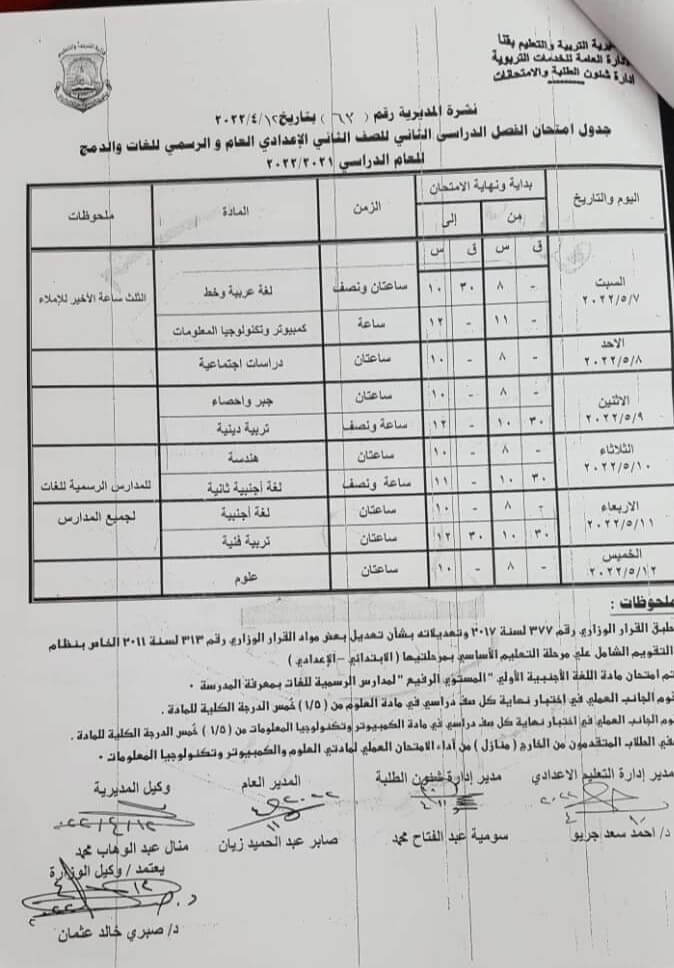 جدول امتحانات الصف الثاني الاعدادي محافظة قنا الترم الثاني 2022