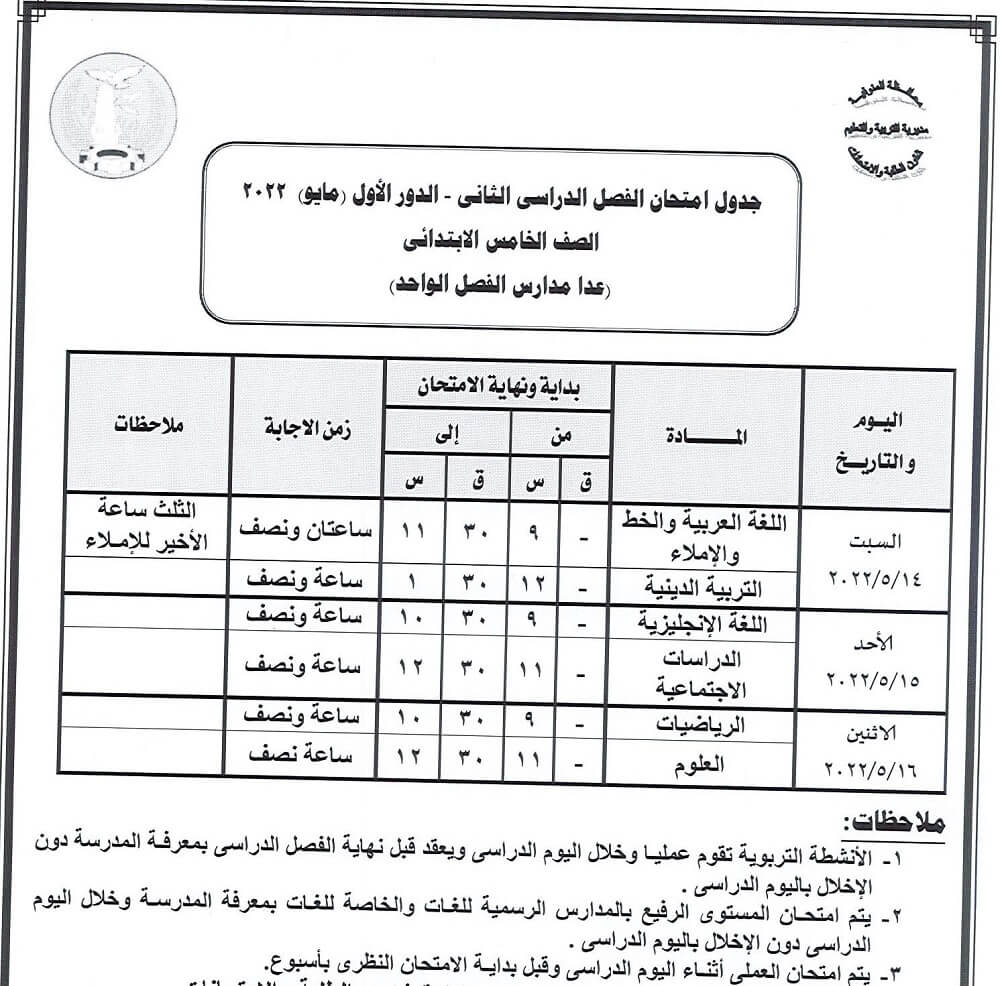جدول امتحانات الصف الخامس الابتدائي الترم الثاني 2022 محافظة المنوفية