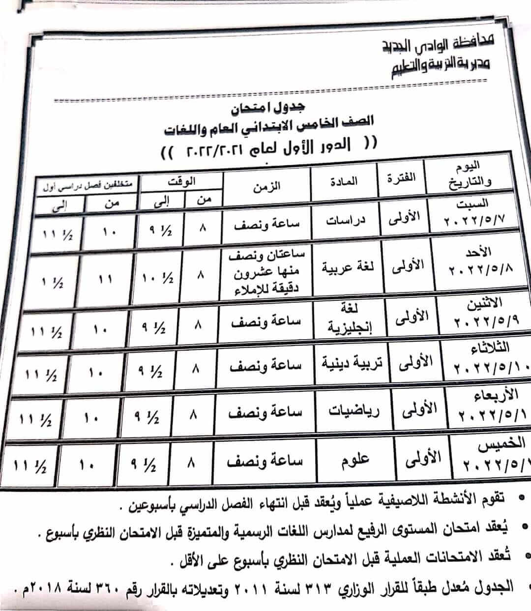 جدول امتحانات الصف الخامس الابتدائي الترم الثاني 2022 محافظة الوادي الجديد