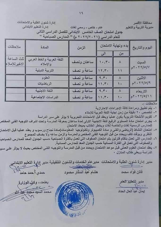 جدول امتحانات الصف الخامس الابتدائي محافظة الأقصر الترم الثاني 2022