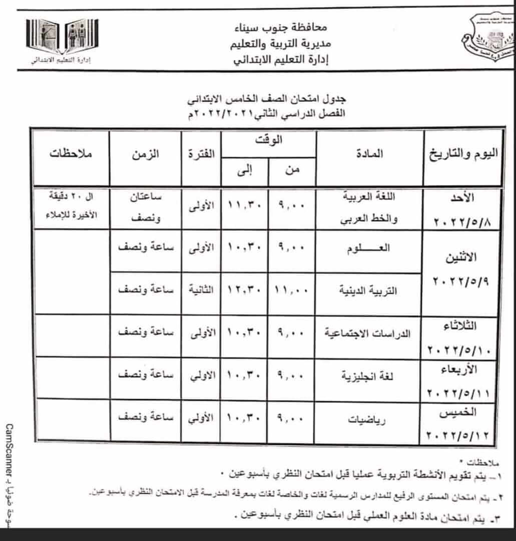 جدول امتحانات الصف الخامس الابتدائي محافظة جنوب سيناء الترم الثاني 2022