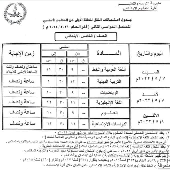 جدول امتحانات الصف الخامس الابتدائي محافظة شمال سيناء الترم الثاني 2022