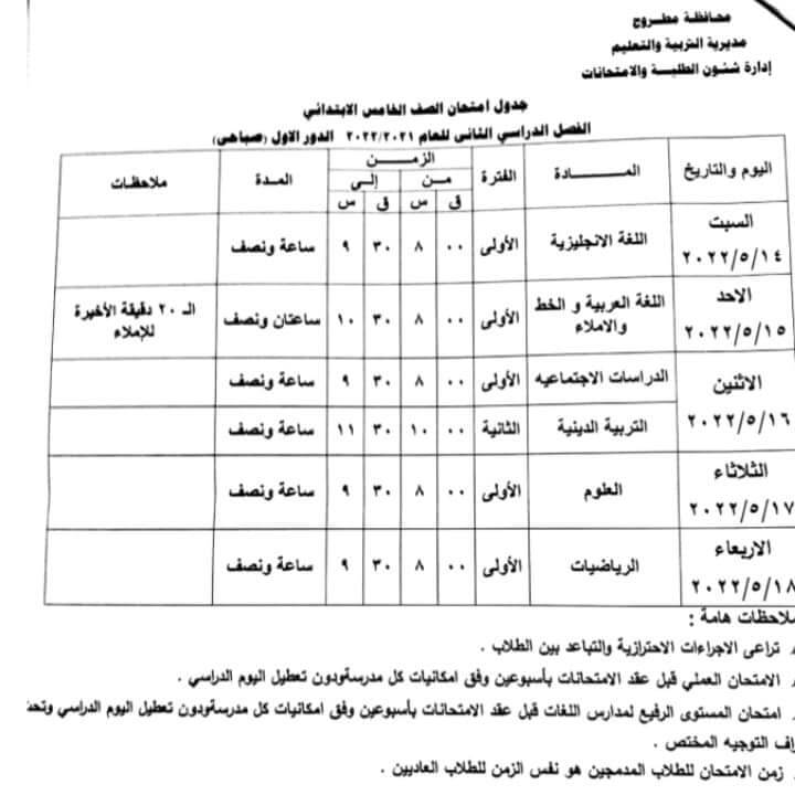 جدول امتحانات الصف الخامس الابتدائي محافظة مطروح الترم الثاني 2022