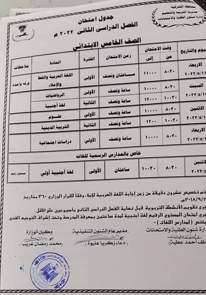 جدول امتحانات الصف الخامس الابتدائي 2022 الترم الثاني محافظة الشرقية