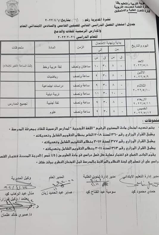جدول امتحانات الصف الخامس والسادس الابتدائي محافظة قنا الترم الثاني 2022