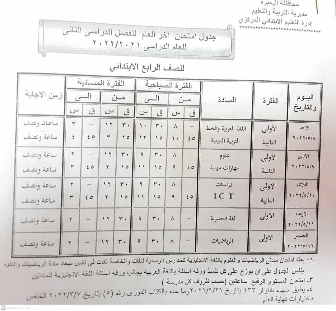 جدول امتحانات الصف الرابع الابتدائي الترم الثاني 2022 محافظة البحيرة