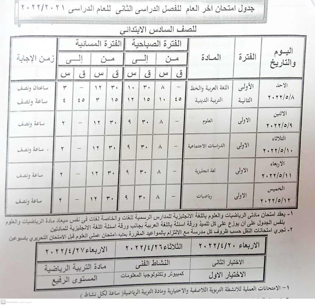 جدول امتحانات الصف السادس الابتدائي الترم الثاني 2022 محافظة البحيرة