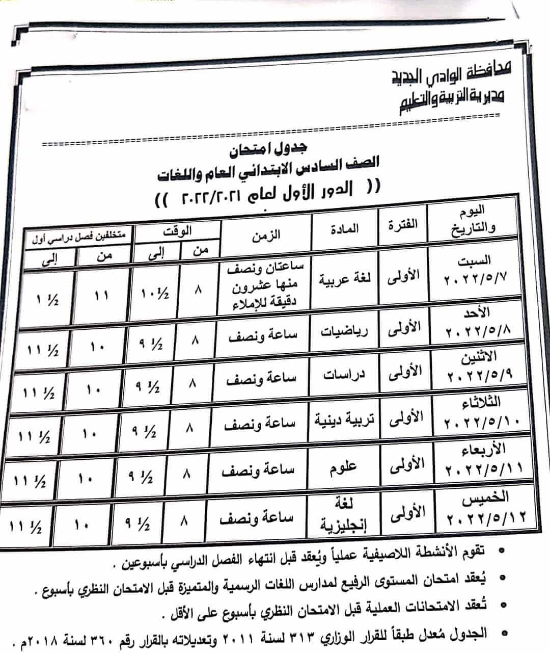 جدول امتحانات الصف السادس الابتدائي الترم الثاني 2022 محافظة الوادي الجديد