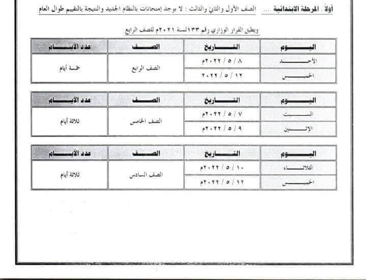 جدول امتحانات المرحلة الابتدائية اخر العام 2022 محافظة كفر الشيخ