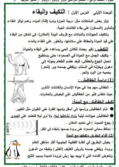 تحميل مذكرة علوم للصف الرابع الابتدائي ترم اول