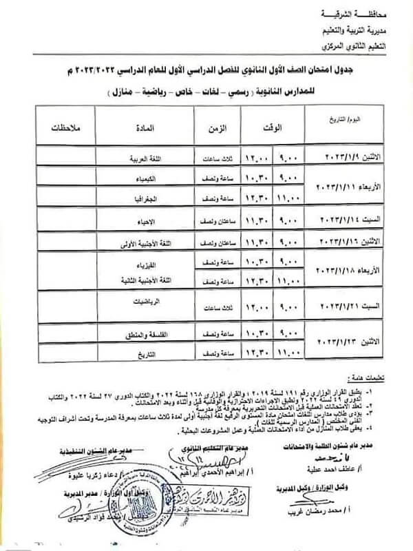 جدول امتحانات الصف الأول الثانوي نصف العام 2023 محافظة الشرقية