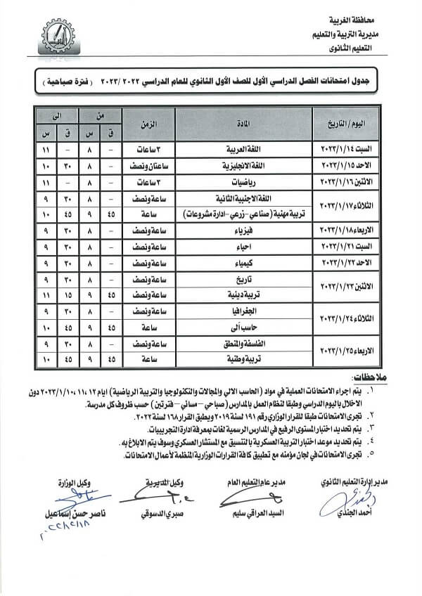 جدول امتحانات الصف الأول الثانوي نصف العام 2023 محافظة الغربية