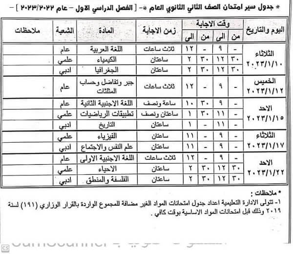 جدول امتحانات الصف الثاني الثانوي نصف العام 2023 محافظة الفيوم