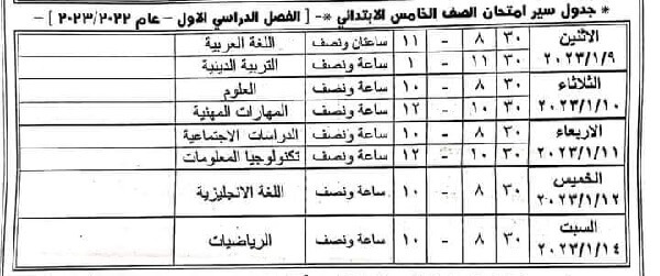 جدول امتحانات الصف الخامس الابتدائي نصف العام 2023 محافظة الفيوم