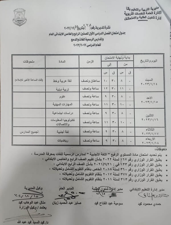 جدول امتحانات الصف الخامس الابتدائي نصف العام 2023 محافظة قنا