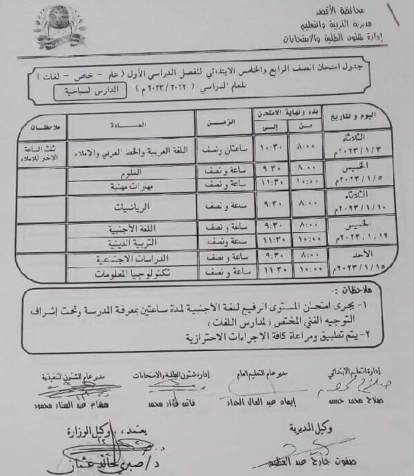 جدول امتحانات الصف الخامس الابتدائي 2023 الترم الأول محافظة الأقصر