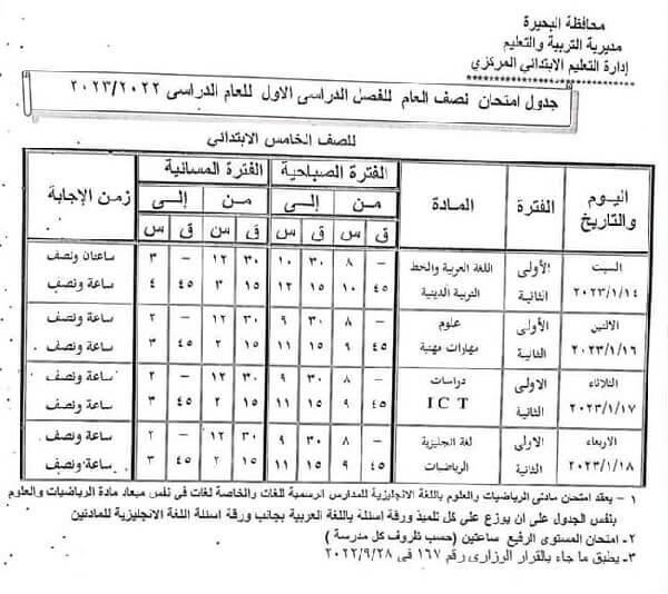 جدول امتحانات الصف الخامس الابتدائي 2023 الترم الأول محافظة البحيرة