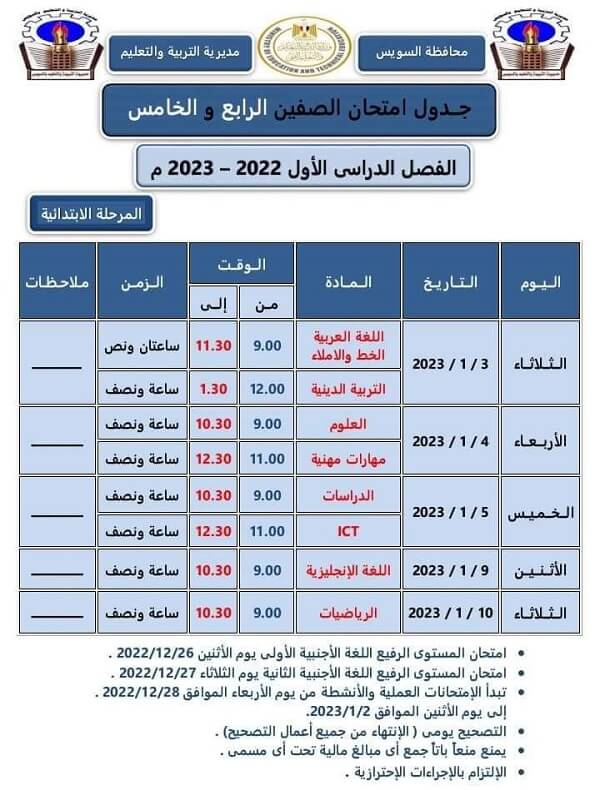 جدول امتحانات الصف الخامس الابتدائي 2023 الترم الأول محافظة السويس