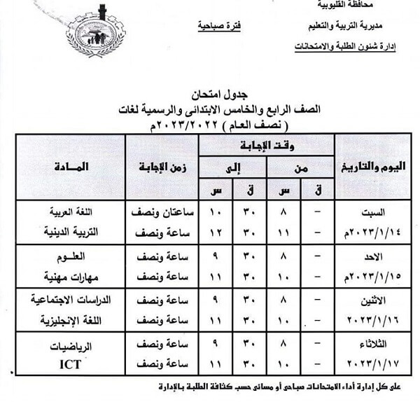 جدول امتحانات الصف الخامس الابتدائي 2023 الترم الأول محافظة القليوبية 1