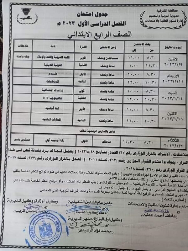 جدول امتحانات الصف الرابع الابتدائي نصف العام 2023 محافظة الشرقية بعد التعديل