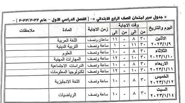 جدول امتحانات الصف الرابع الابتدائي نصف العام 2023 محافظة الفيوم