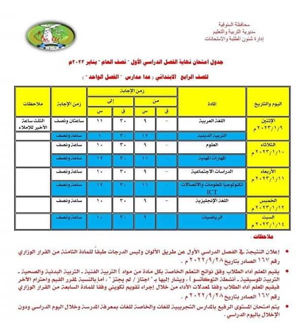 جدول امتحانات الصف الرابع الابتدائي نصف العام 2023 محافظة المنوفية