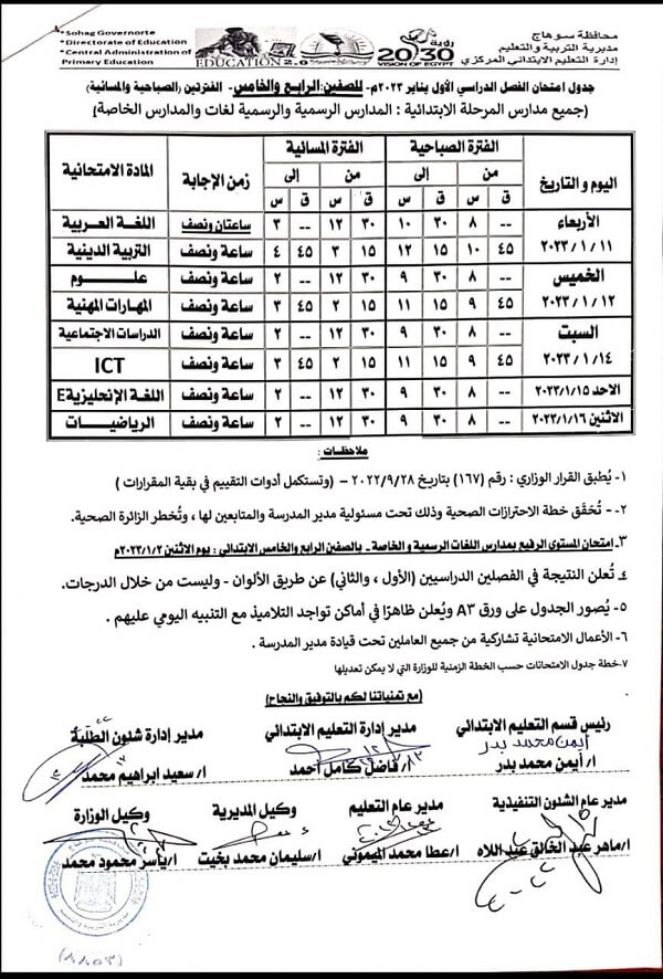 جدول امتحانات الصف الرابع الابتدائي نصف العام 2023 محافظة سوهاج