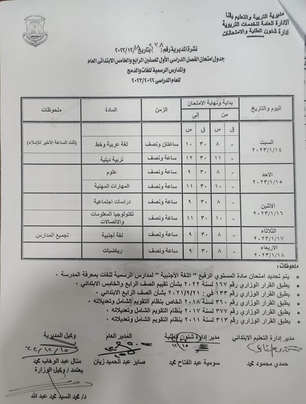 جدول امتحانات الصف الرابع الابتدائي نصف العام 2023 محافظة قنا